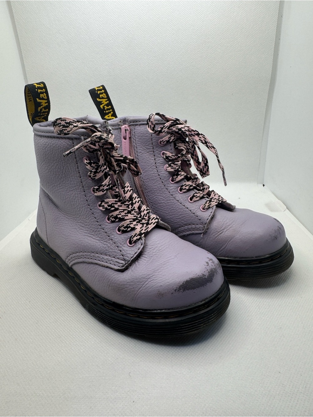 Dr. Martens Kids Frosted Lavender Purple Leather Combat Boots Lace-Up Zip US 10